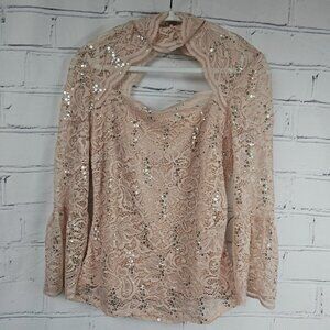 Venus Lace Sequin Blouse Womens 8 M Elegant Pink Long Sleeve Cut Outs Feminine